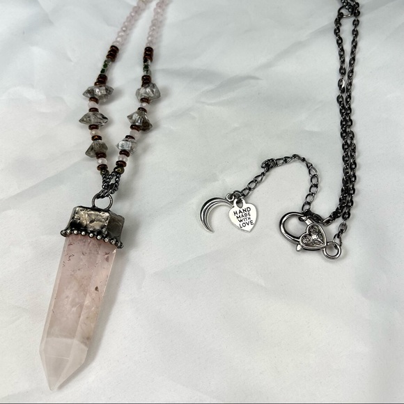 Herkimer Diamond & Rose Quartz Point Crystal Beaded Necklace - Picture 7 of 12